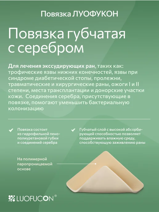 LUOFUCON Повязка губчатая с серебром на полимерной основе, 5Х5 см, 5x5 см, фото 2
