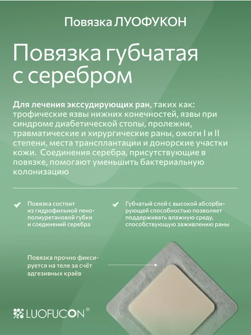 LUOFUCON Повязка губчатая с серебром с адг краями, 15х15 (10х10) см, 15x15, фото 2