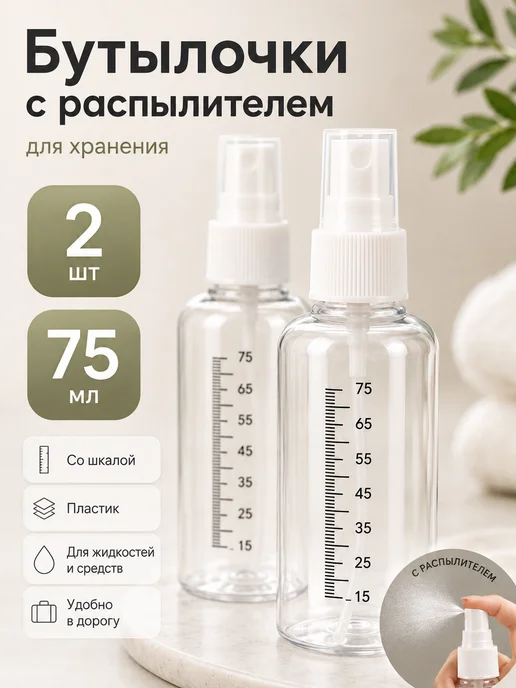 Zeriazor Флакон для косметики с распылителем 75 мл прозрачный, 2 шт, 75 мл, 2 шт