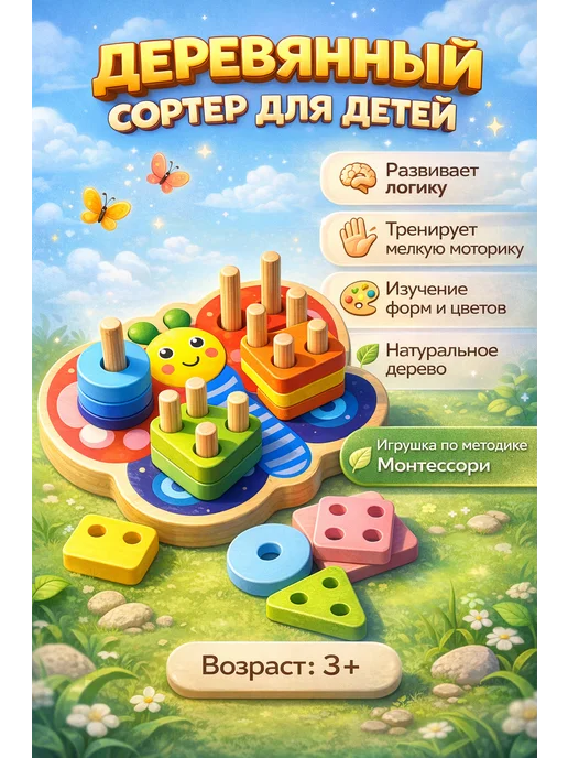 fioleta Сортер деревянный для детей Геометрический, голубой, фото 2