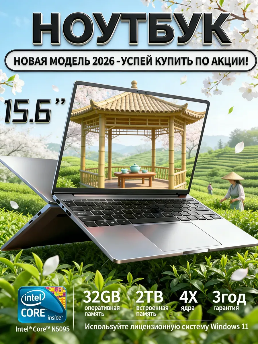 Новогодний Ноутбук 32ГБ 2TБ Intel Для Учебы и Работы