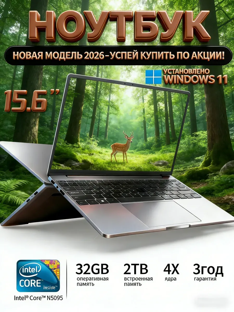 Новогодний Ноутбук 32GB 2TB Windows 11 Для Учебы Подарок
