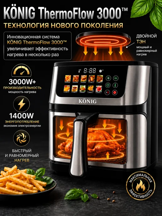 König Аэрогриль электрический для дома 8 л 3000 Вт с двойным ТЭНом, 8 л, 3000 Вт, фото 2