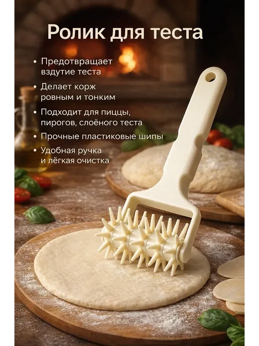 кераш3 Скалка ролик для тесто и для пиццы с шипами, белый