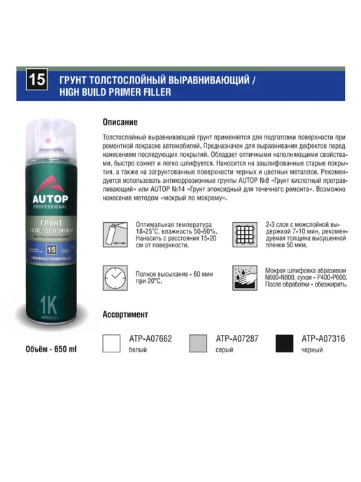 AUTOP PROFESSIONAL Автоп №15 Грунт толстослойный High Build Primer, серый, черный, фото 2