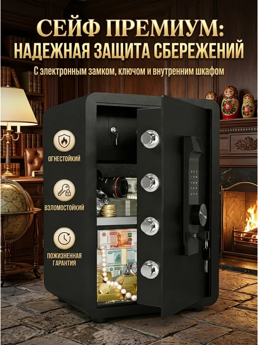 Сейф с электронным замком для денег документов, черный, в упаковке 21 кг