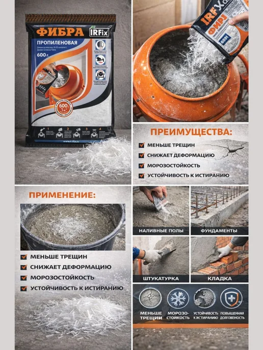 IRFix Фибра пропиленовая всех типов раствора и бетона 1кг, 1 кг, фото 2