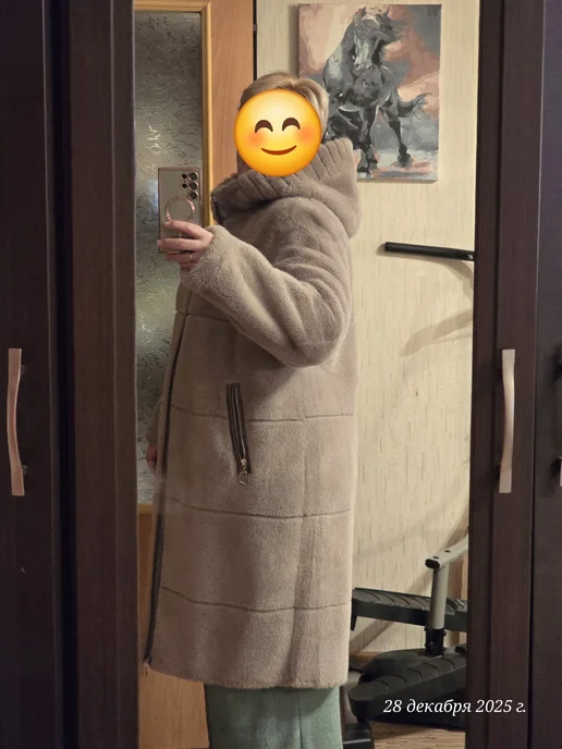 Evle Дубленка шуба зимняя двухсторонняя с капюшоном длинная, бежевый, фото 3