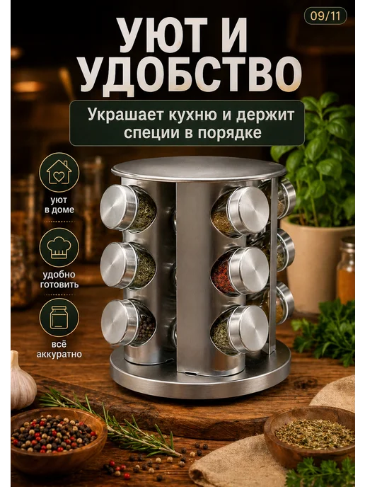 BreezHome Набор для специй органайзер для специй вращающийся 12 банок, серый, фото 8