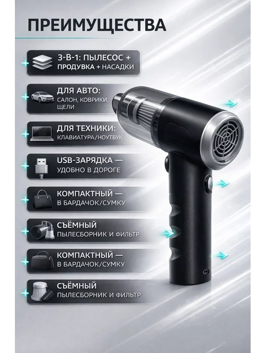 бан22 мини пылесос в машину 3-в-1 с USB зарядкой, вариант, фото 2