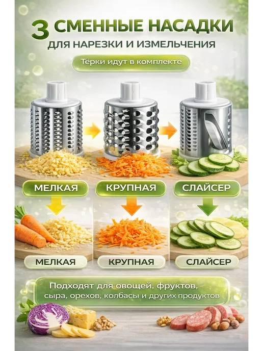 RIKK Ручная тёрка 3 в 1 с насадками для овощей и сыра, вариант, фото 3