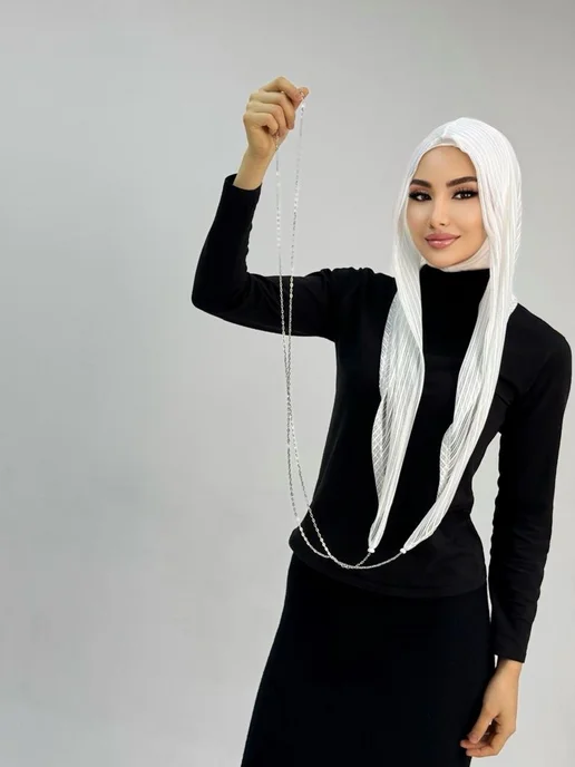 Arzu Bone Капор с цепочкой вязаный ажурный капюшон хиджаб, белый, фото 3