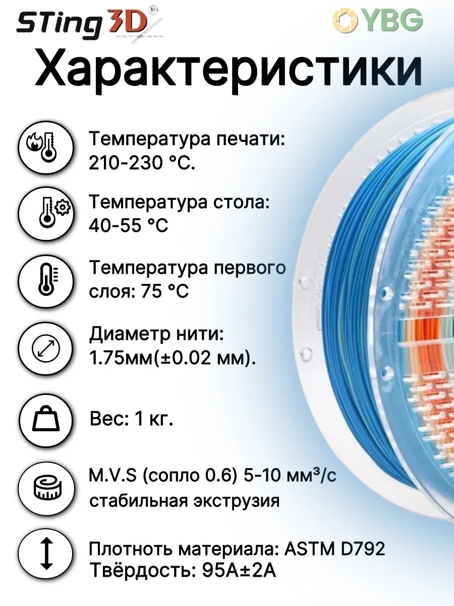 FlexPLA пластик для 3D принтера Синий + Оранжевый + Белый — фото 2