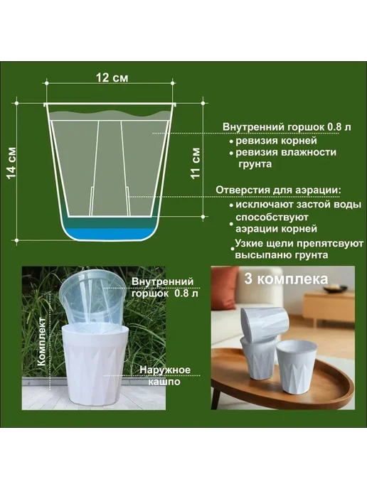 Набор горшков для цветов Прозрачный 13 3х12см 3 шт, 3x12 см, 3 шт, фото 2