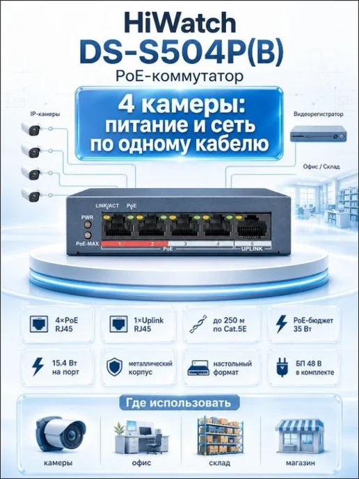 HiWatch PoE Коммутатор DS-S504P(B), вариант
