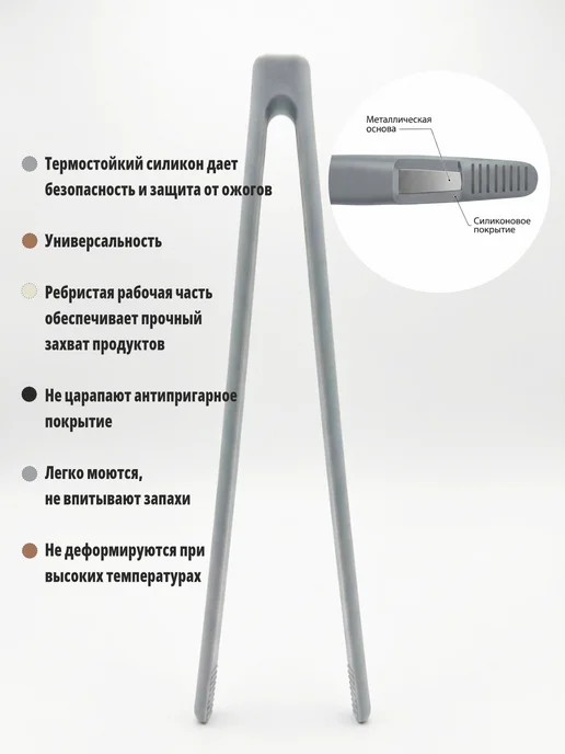 Щипцы кухонные пинцет силиконовый 28 см, серый, фото 2
