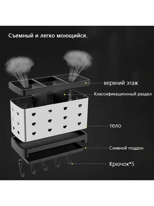 Подставка для столовых приборов (черный, настенный) 12.5 см, черный, фото 3
