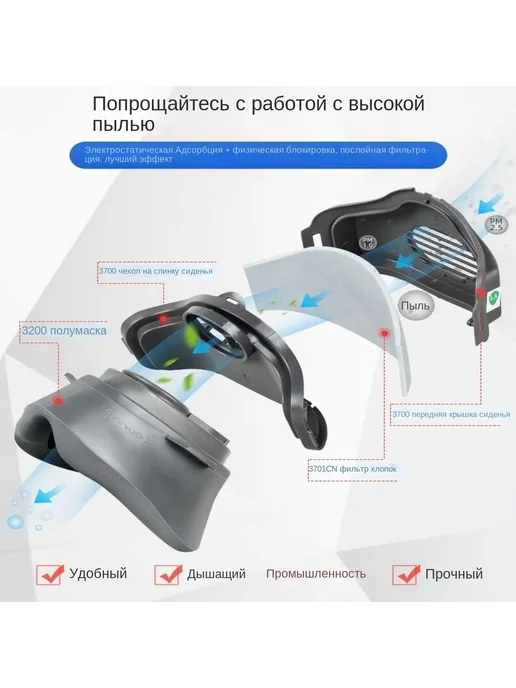 Респиратор от пыли и химии профессиональный FFP3 универсальный для покраски / маска 3М от пыли строительная, 21 шт, полумаска, фото 8