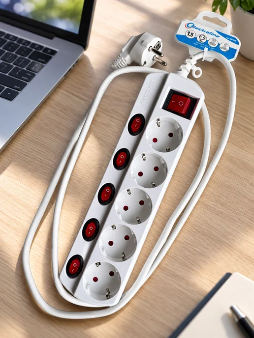 Electraline Удлинитель с выключателем на каждую 5 розеток 1,5м 3х1, 3x1, 1,5 м, фото 7
