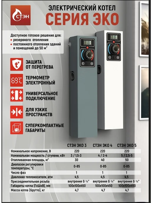 Электрический котел СТЭН ЭКО 3 кВт Белый, белый