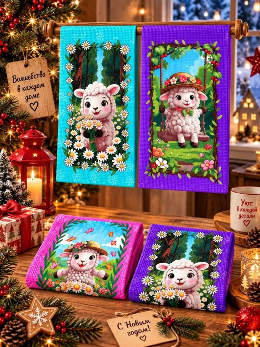 Полотенца кухонные новогодние Коза 12шт 35х60см вафельное, 35x60 см, 12 шт, фото 2