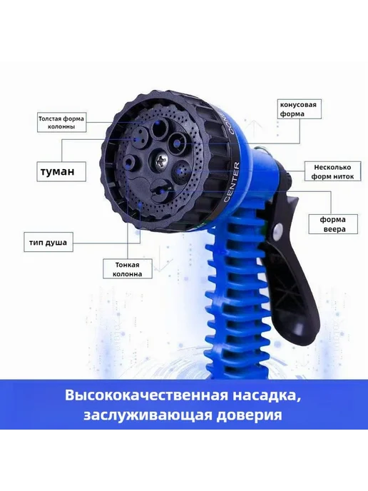 Шланг поливочный растягивающийся, с распылителем 15м, синий, 15 м, фото 6