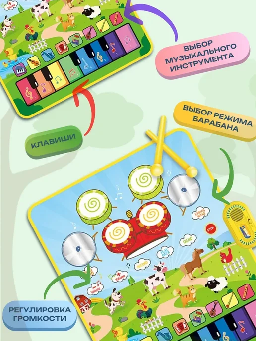 Музыкальный коврик для малышей пианино животные с барабаном, синий, фото 4