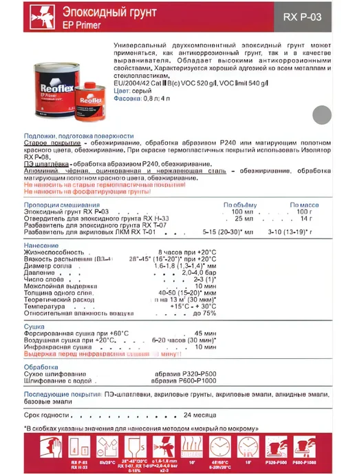Reoflex Грунт EP Primer эпоксидный 0,8л с отв 0,2л, черный, 800 мл, 200 мл, белый, фото 5