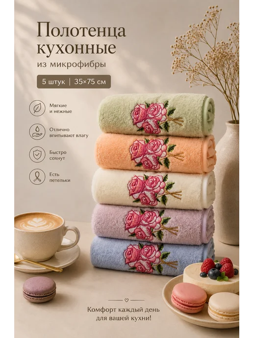 Fidan home Кухонные полотенца из микрофибры на 8-марта 5 шт 75х35см, 75x35 см, 5 шт, фото 2