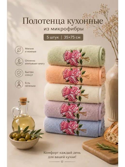 Fidan home Кухонные полотенца из микрофибры на 8-марта 5 шт 75х35см, 75x35 см, 5 шт, фото 6