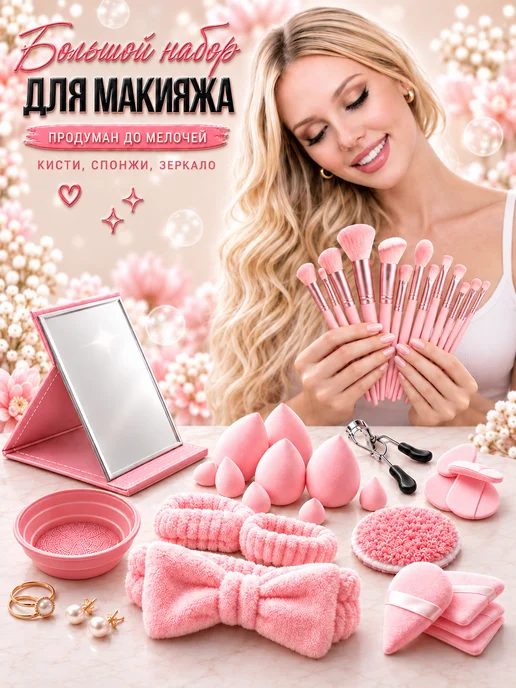 Набор для макияжа кисти, спонжи, серый