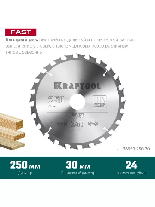 Kraftool Диск пильный по дереву 250x30 мм, 24Т, 250x30 мм, фото 4