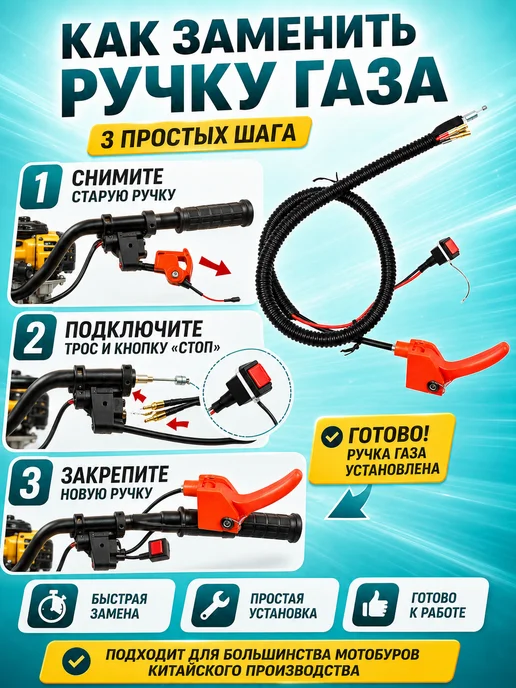 YARSTONE Трос газа с ручкой и кнопкой для мотобура (бензобура), вариант, фото 3