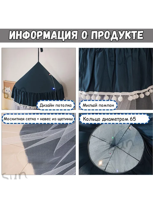Балдахин для кровати Двуспальный Двуспальный темно-синий, синий, фото 4