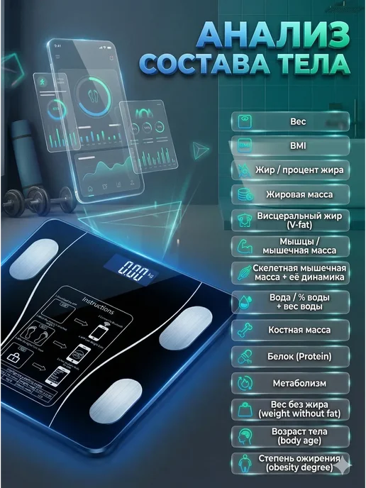 БОТ1 Умные весы напольные с анализом состава тела с приложением, черный, фото 2