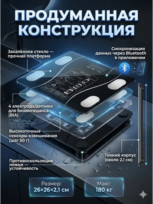 БОТ1 Умные весы напольные с анализом состава тела с приложением, черный, фото 3