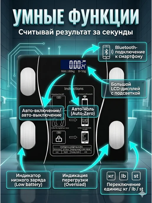 БОТ1 Умные весы напольные с анализом состава тела с приложением, черный, фото 4