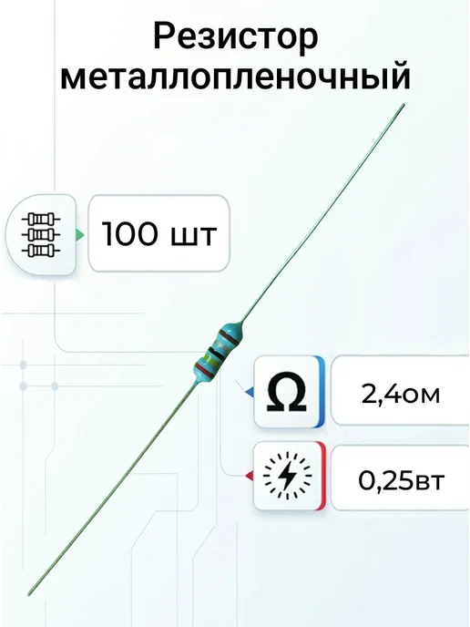 100шт Резистор 2,4 ом 0,25вт выводной, 100 шт, 0,25 Вт