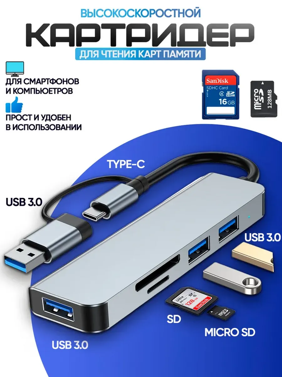 Картридер, переходник для карт памяти SD и Micro SD, TF