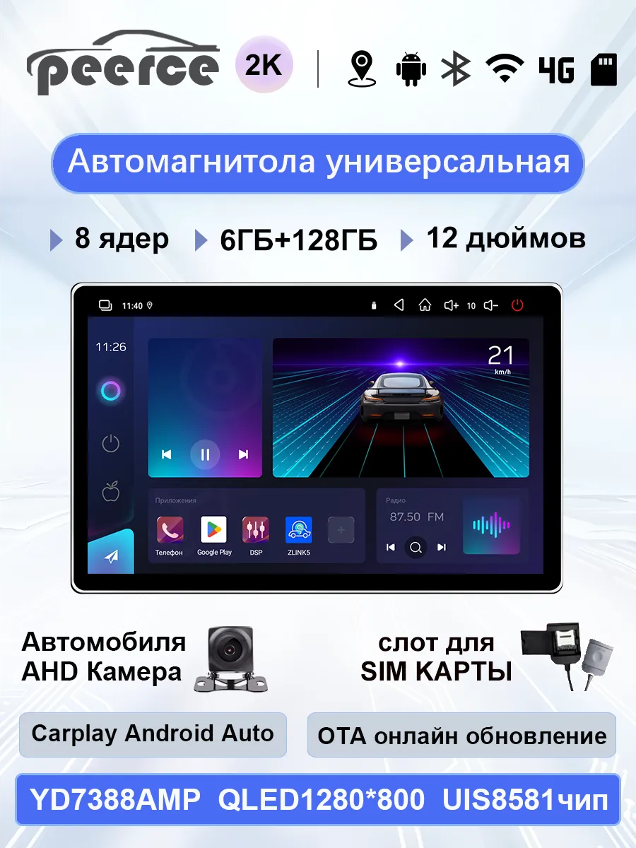 Магнитола 2K 12 дюймов 2din android 15,6 128 ГБ (SIM+8 ядер)