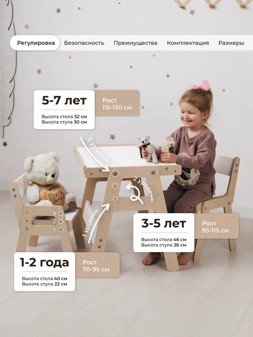 KRONLY MANUFACTORY Детский стол и стул, детская мебель от года для малышей, белый, фото 2
