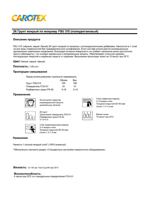 CAROTEX Грунт 2K FSU315G 3+1 Мокрый по мокрому 1 л + 0.34 л, 315 г, 1 л, фото 2