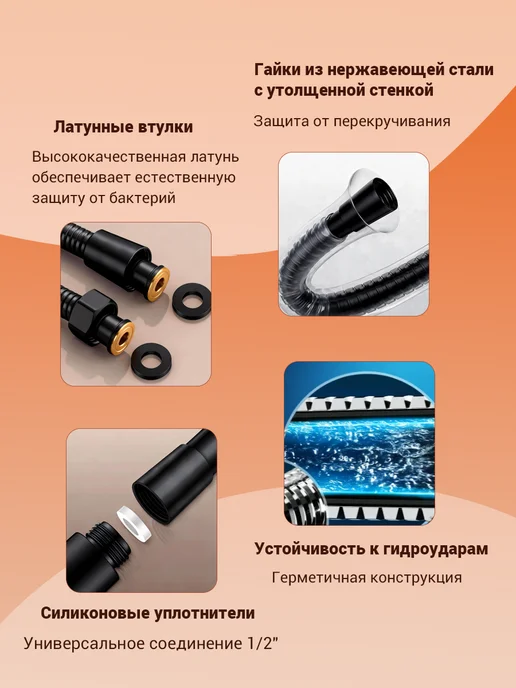 Olimanta Шланг для душа 1.8 м армированный, нержавеющей стали, 3 м, фото 2