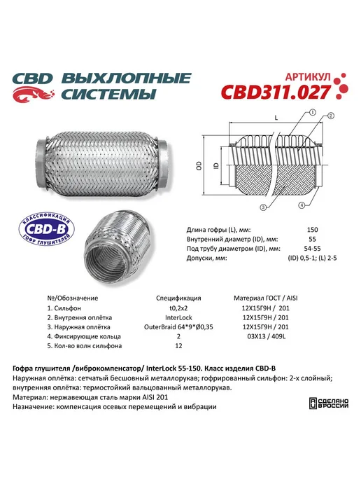 CBD Гофра глушителя 3х-сл InterLock 55-150. 311.027, вариант