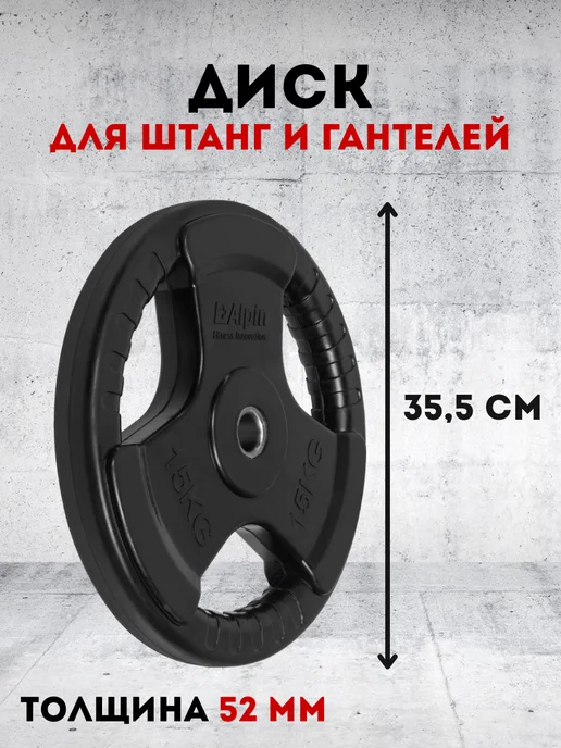 ALPIN Блины для штанги металл обрезиненный 10 кг. 1 шт, 15 кг, 1 шт, фото 2