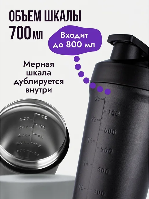 VOTTLER Шейкер металлический 700 мл для протеина, черный, стальной, 700 мл, фото 4