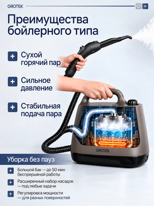 GROTEK Пароочиститель мощный для дома для уборки 4в1, коричневый, фото 3