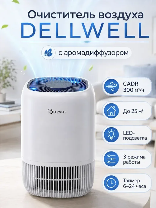 DELLWELL Очиститель воздуха для дома от пыли и запаха, белый