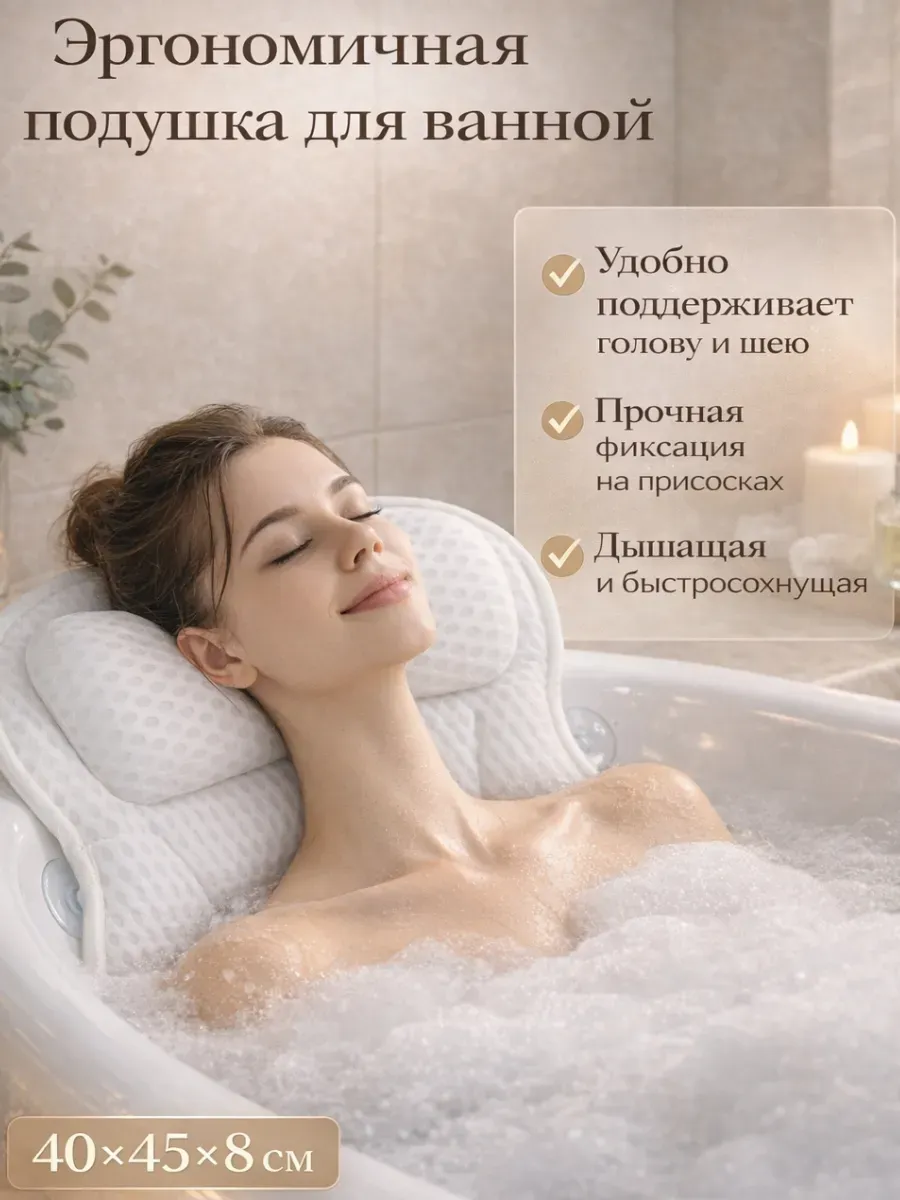 Эргономичная подушка-коврик для ванной с присосками
