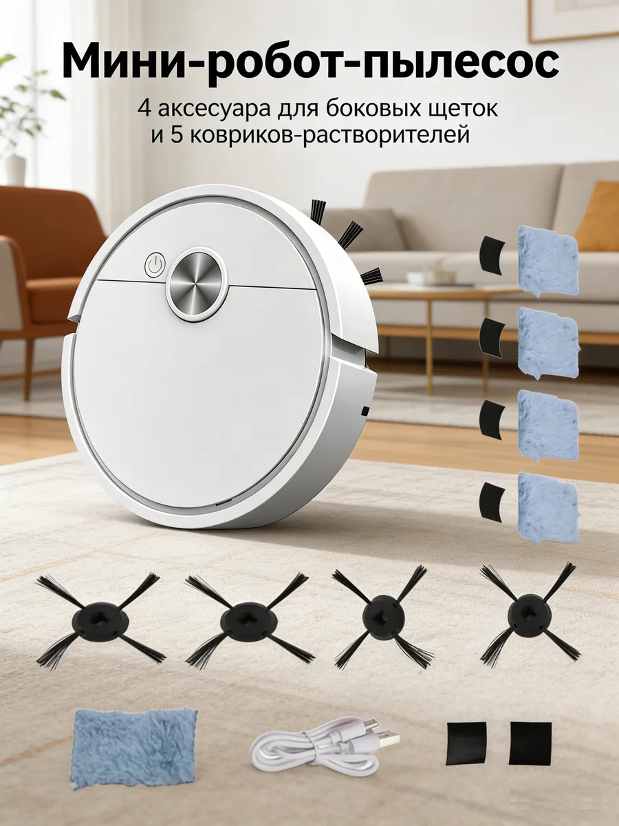 3 в 1 робот-пылесос Есть 4 щетки и 5 тряпок